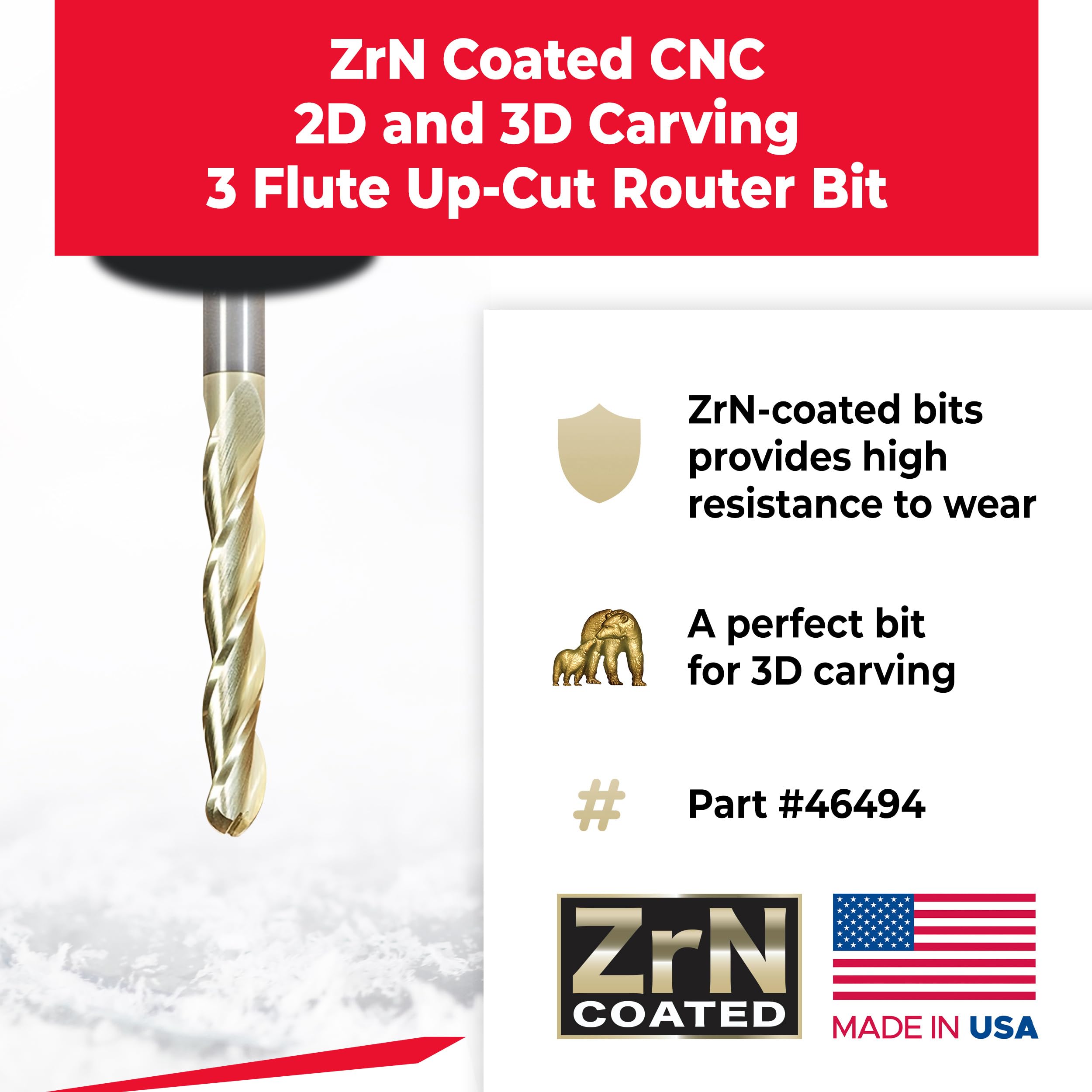 Amana Tool Up Cut Spiral CNC Router Bits for 2D/3D Carving, ZrN
